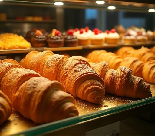 A display case filled with a variety of freshly baked croissants, cakes, and pastries.